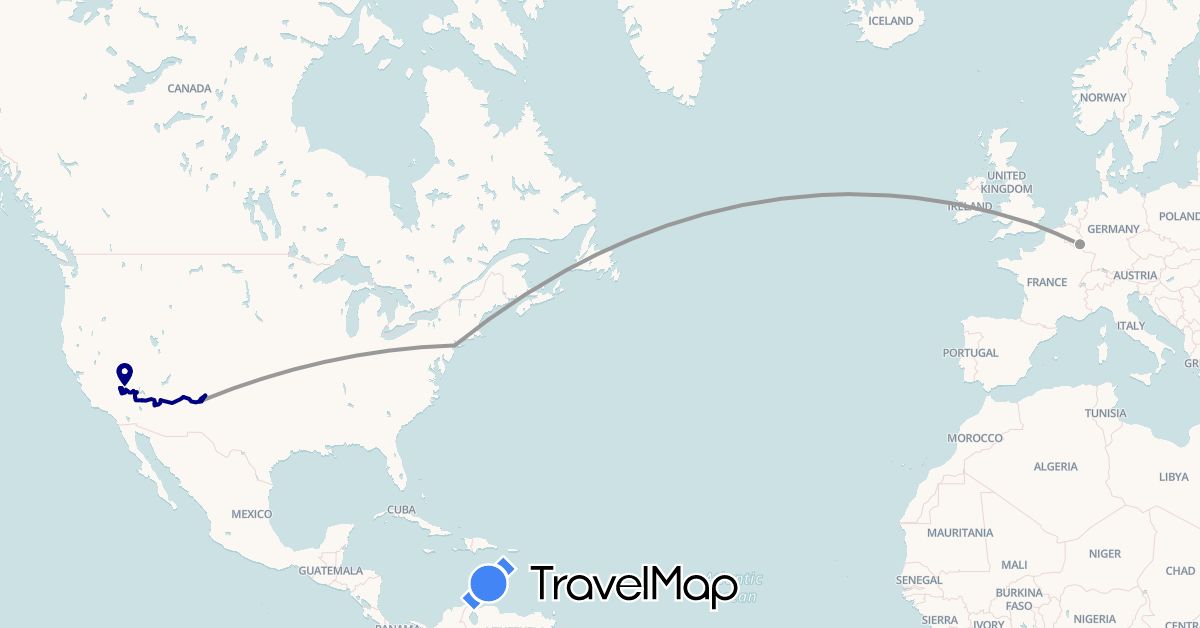 TravelMap itinerary: driving, plane in United Kingdom, Luxembourg, United States (Europe, North America)